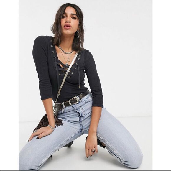 Free People Women's Ice Cold Top Washed Black Size Medium 3/4 Sleeve NWT - Picture 2 of 7